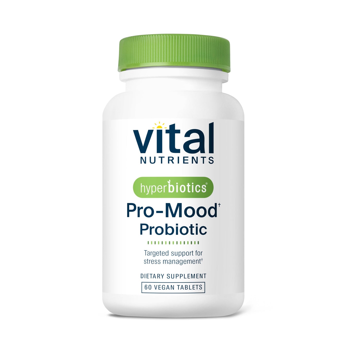 A white bottle of "Vital Nutrients" Pro-Mood Probiotic with a green cap, containing 60 vegan tablets for stress management.
