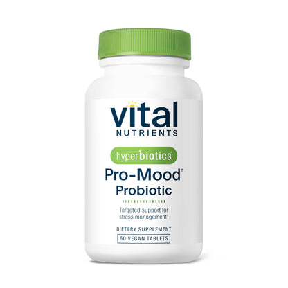 A white bottle of "Vital Nutrients" Pro-Mood Probiotic with a green cap, containing 60 vegan tablets for stress management.