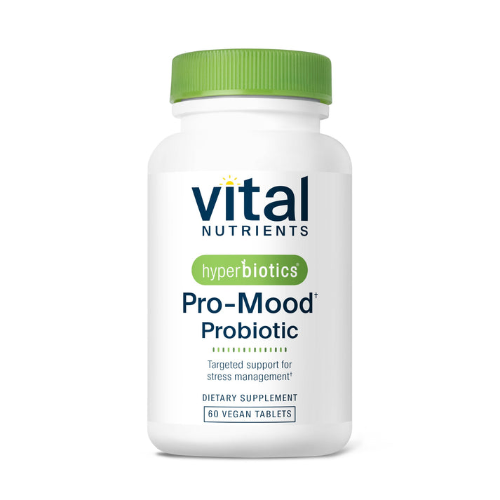 A white bottle of "Vital Nutrients" Pro-Mood Probiotic with a green cap, containing 60 vegan tablets for stress management.