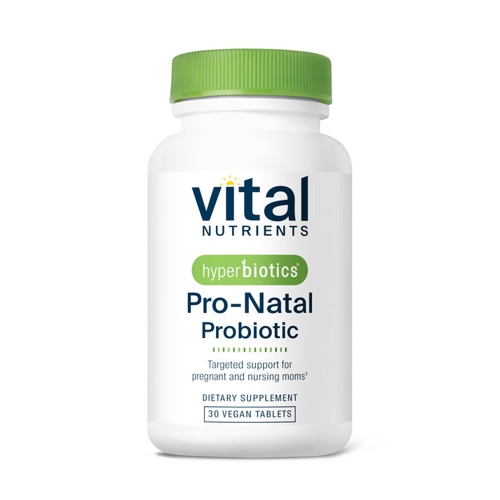 A white bottle labeled "Vital Nutrients hyperbiotics Pro-Natal Probiotic" with a green cap, containing 30 vegan tablets.