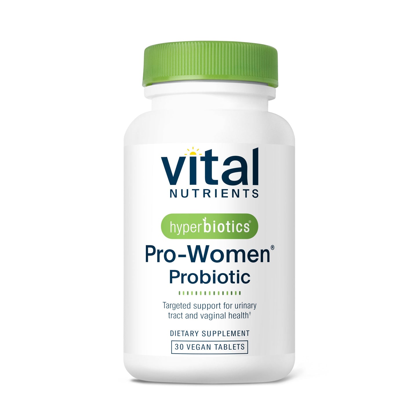 A white bottle of "Vital Nutrients" Pro-Women Probiotic with a green cap, containing 30 vegan tablets for urinary and vaginal health.