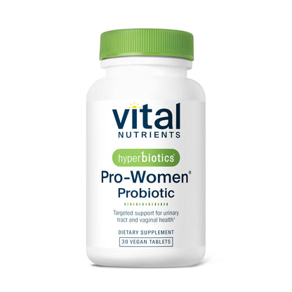 A white bottle of "Vital Nutrients" Pro-Women Probiotic with a green cap, containing 30 vegan tablets for urinary and vaginal health.