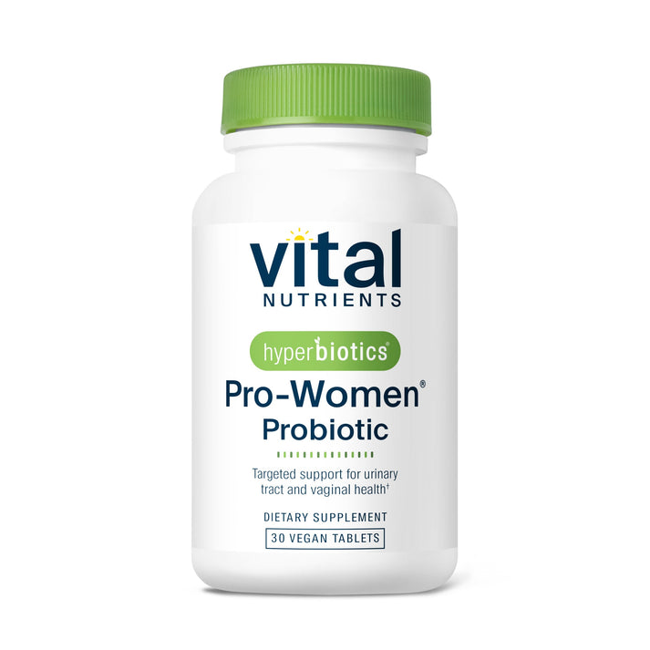 A white bottle of "Vital Nutrients" Pro-Women Probiotic with a green cap, containing 30 vegan tablets for urinary and vaginal health.