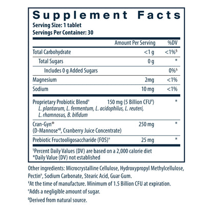 Supplement facts label detailing serving size, nutrients, and ingredients for a probiotic tablet. Contains probiotics, cranberry extract, and FOS.