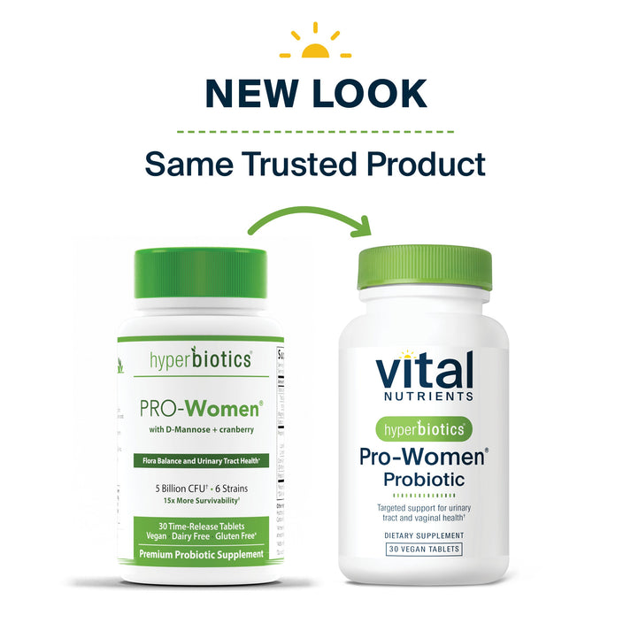 Image shows two probiotic supplement bottles side by side, highlighting a new look for the same product. Text indicates "NEW LOOK" and "Same Trusted Product."