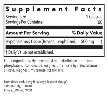 Supplement Facts panel listing Hypothalamus Tissue from bovine lyophilized 500 mg per serving