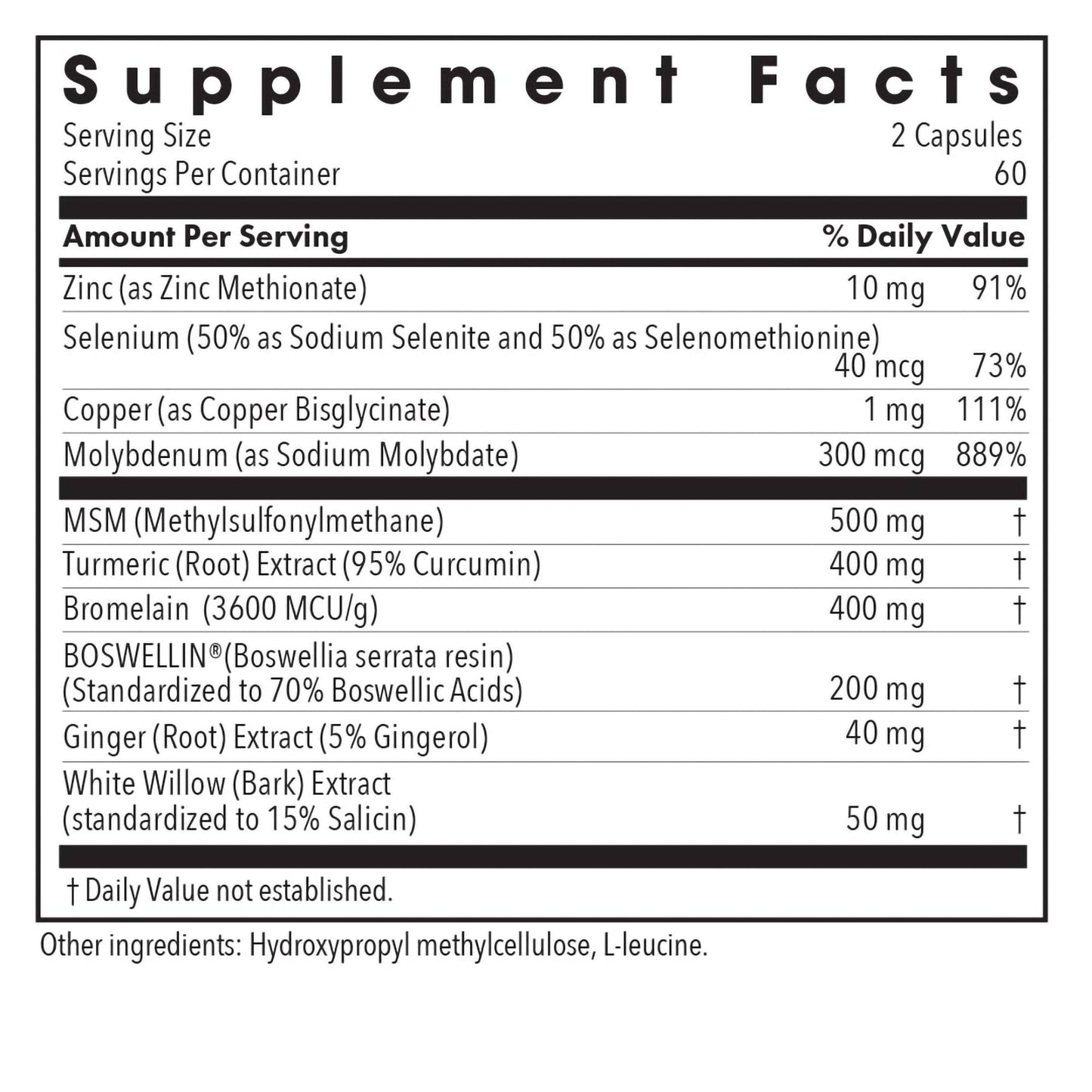 InflaMed - supplement fact label with Zinc, Selenium, Cooper, Molybdenum and more