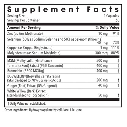 InflaMed - supplement fact label with Zinc, Selenium, Cooper, Molybdenum and more