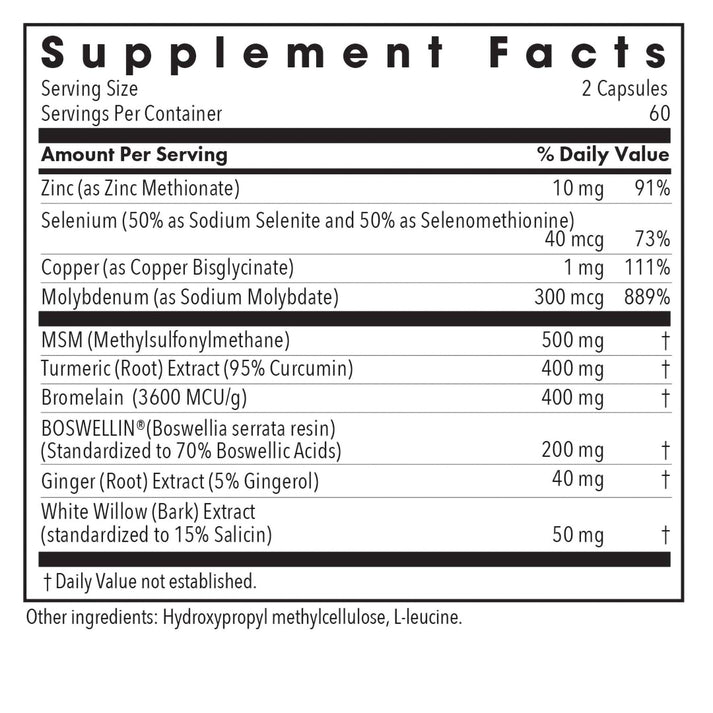 InflaMed - supplement fact label with Zinc, Selenium, Cooper, Molybdenum and more