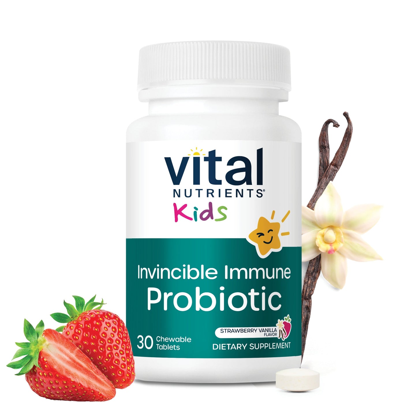 Vital Nutrients Kids Invincible Immune Probiotic 30 chewable tablets.