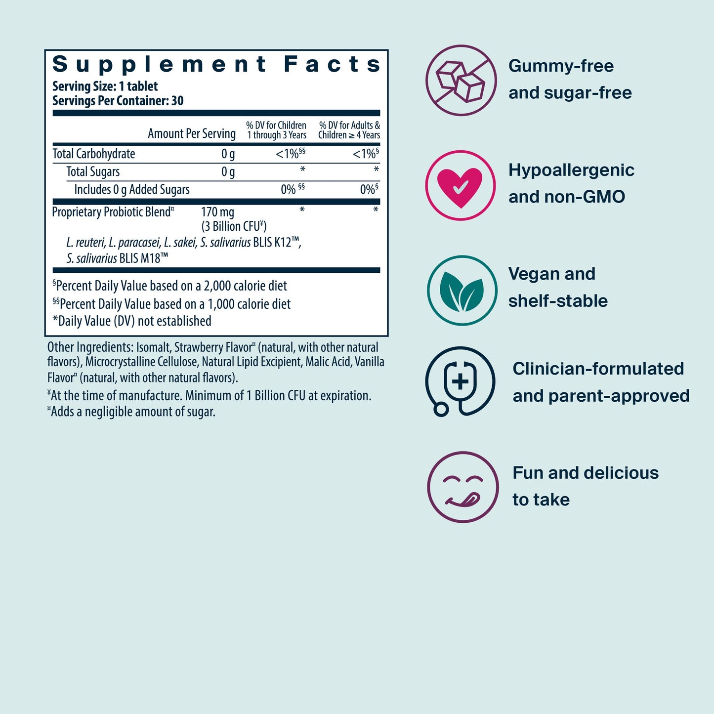 Vital Nutrients Kids Invincible Immune Probiotic supplement facts.