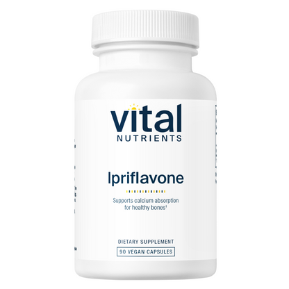 A white bottle of dietary supplement labeled "Vital Nutrients Ipriflavone," containing 90 vegan capsules, promoting calcium absorption for healthy bones.