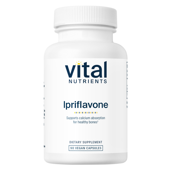 A white bottle of dietary supplement labeled "Vital Nutrients Ipriflavone," containing 90 vegan capsules, promoting calcium absorption for healthy bones.