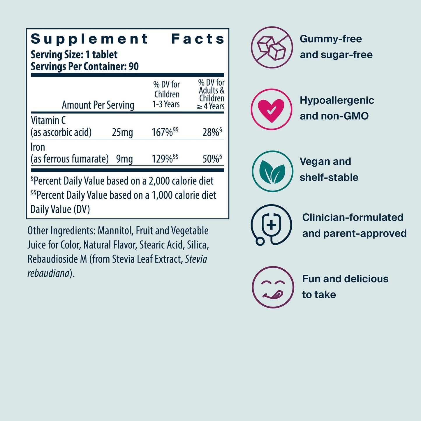 Vital Nutrients Kids Iron Invincibles, a meltable tablet iron supplement for kids, supplement facts.