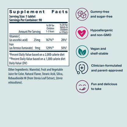 Vital Nutrients Kids Iron Invincibles, a meltable tablet iron supplement for kids, supplement facts.