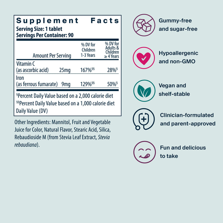 Vital Nutrients Kids Iron Invincibles, a meltable tablet iron supplement for kids, supplement facts.