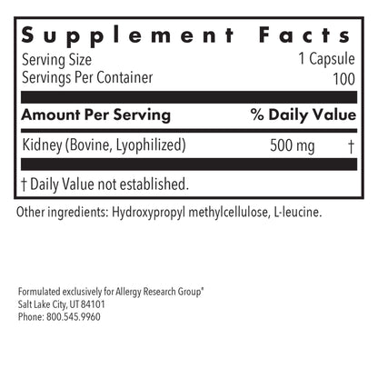 Supplement Facts panel for Kidney Beef natural glandular showing freeze-dried beef kidney tissue per serving and serving information
