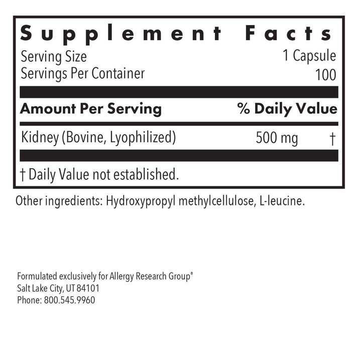 Supplement Facts panel for Kidney Beef natural glandular showing freeze-dried beef kidney tissue per serving and serving information