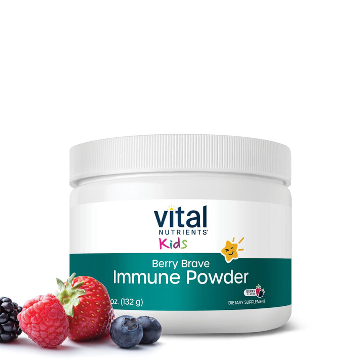 Vital Nutrients Kids Berry Brave Immune Powder, immune support for kids, with berries on a white background.