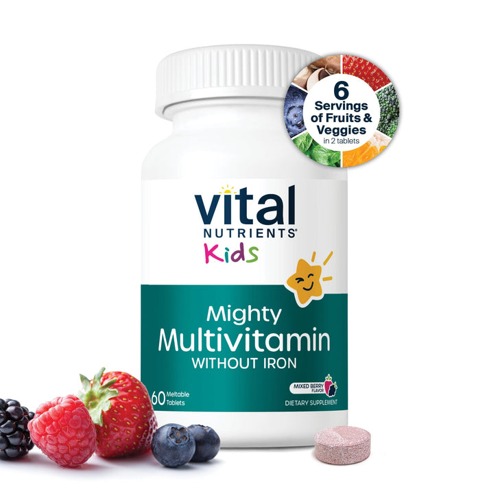 Vital Nutrients Kids Multivitamin with six servings of fruits and veggies in two chewable or dissolving tablets.*