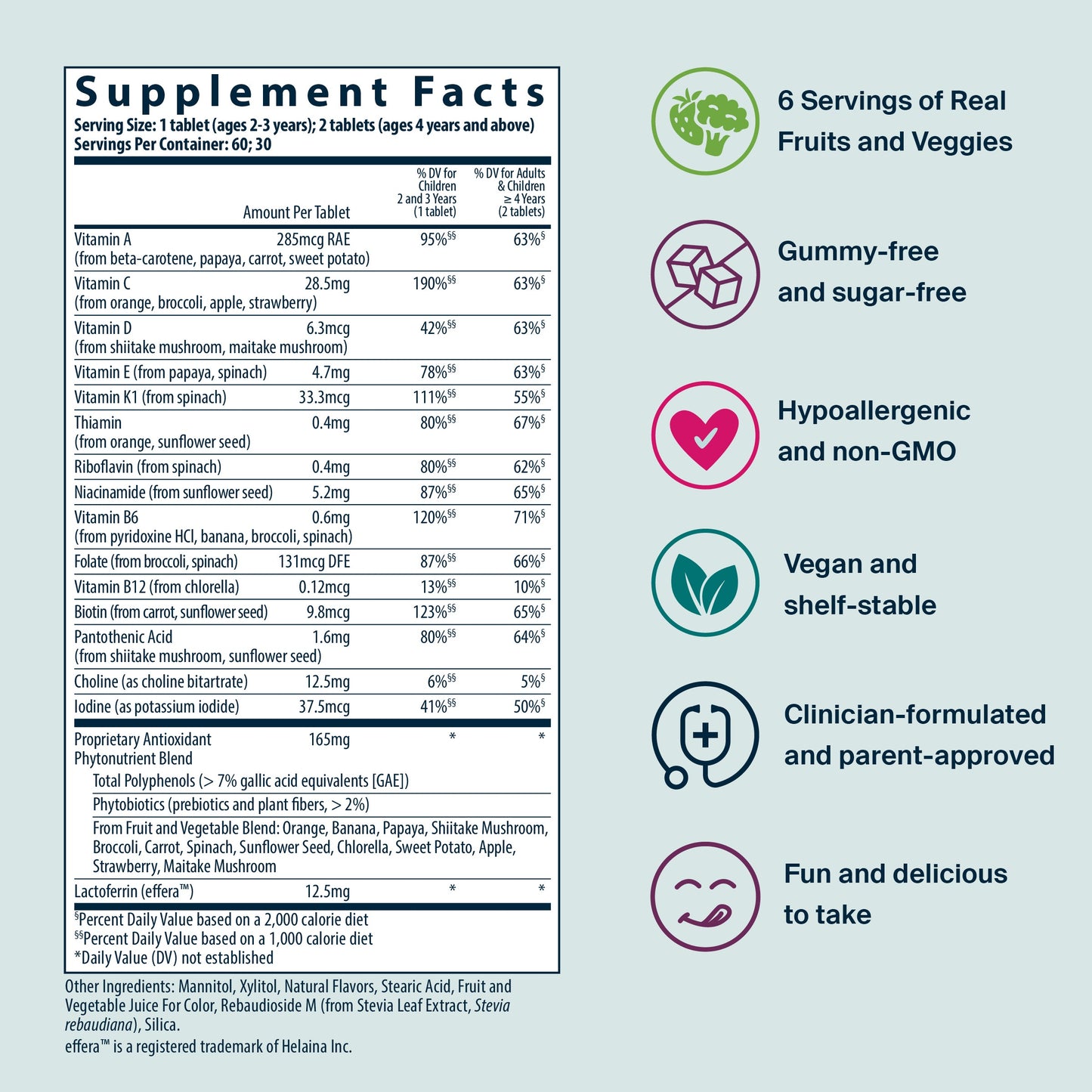 Vital Nutrients Kids' Multivitamin supplement facts and product highlights.