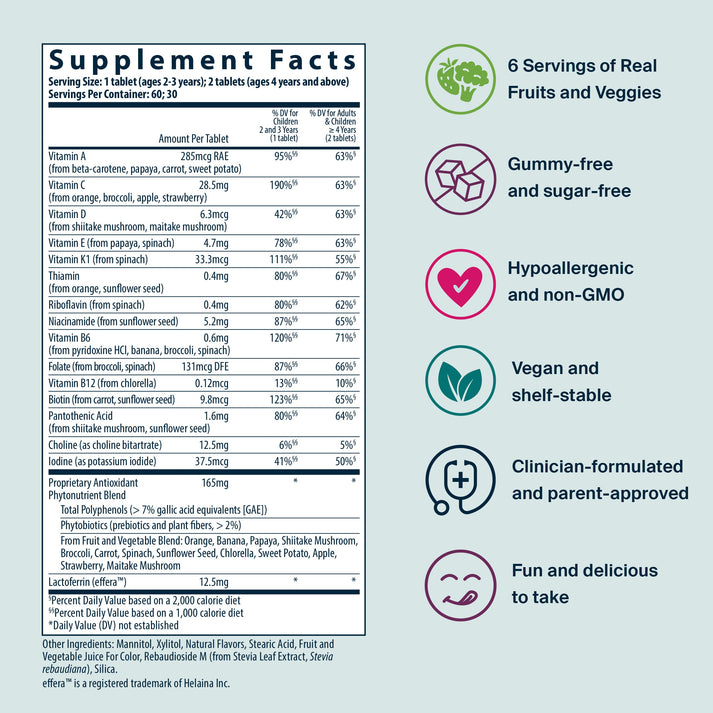 Vital Nutrients Kids' Multivitamin supplement facts and product highlights.