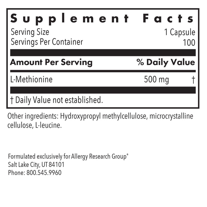 L-Methionine 500 mg - supplement fact label with L-Methionine