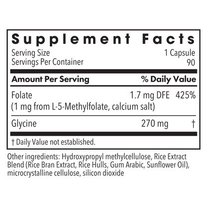Back label of MethylPro L-Methylfolate bottle showing Supplement Facts with folate content and ingredients