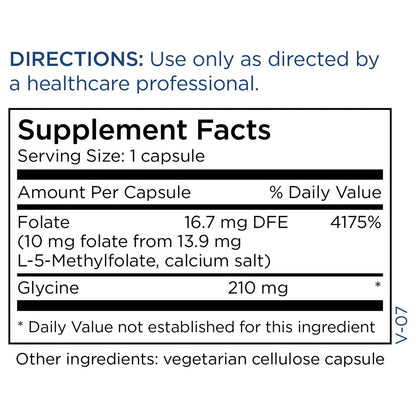 Supplement Facts panel for MethylPro L-Methylfolate 10 mg showing active folate amount, serving size, and methylation support supplement details