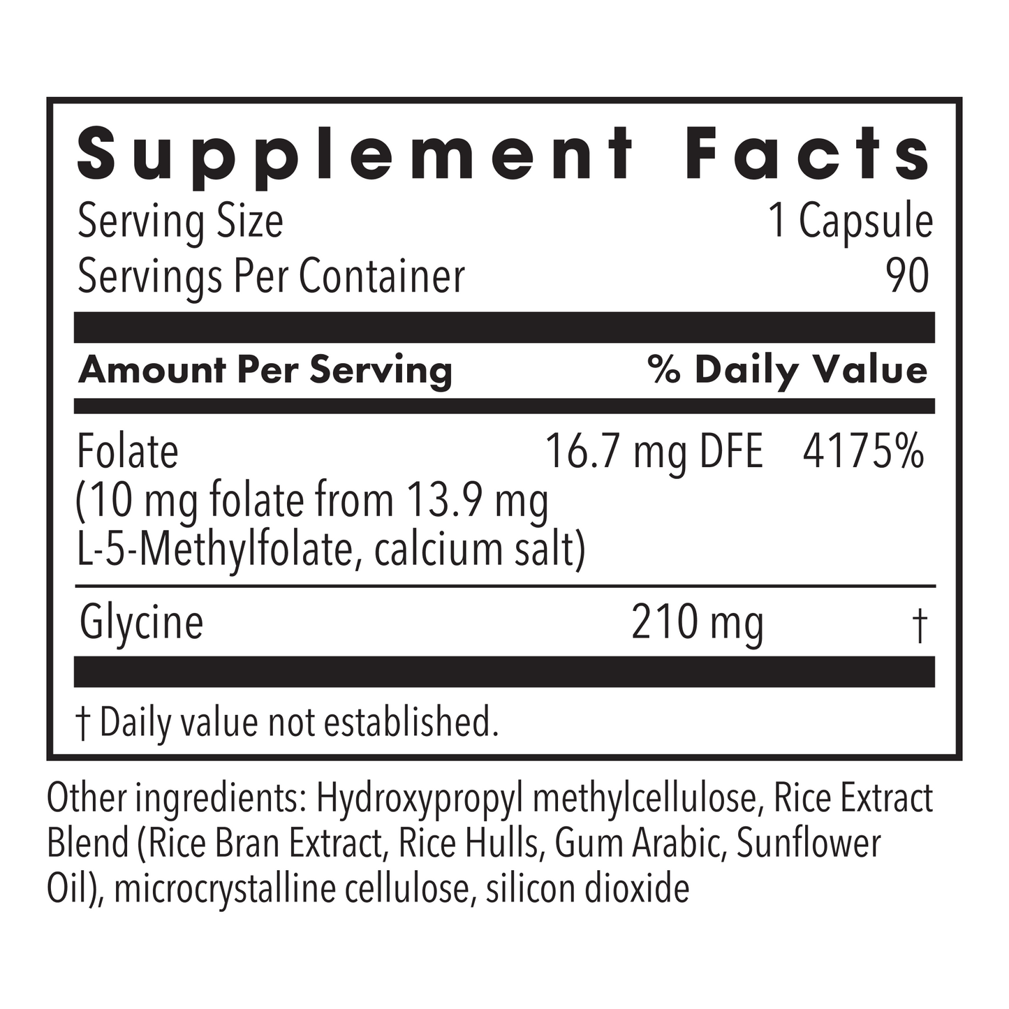 Supplement Facts panel with Folate as L-5-Methylfolate and listed ingredients on a bottle label