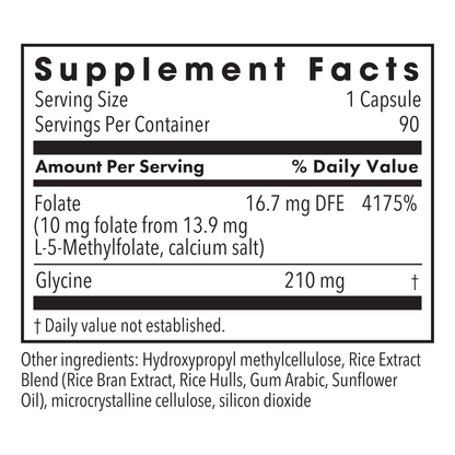 Supplement Facts panel with Folate as L-5-Methylfolate and listed ingredients on a bottle label