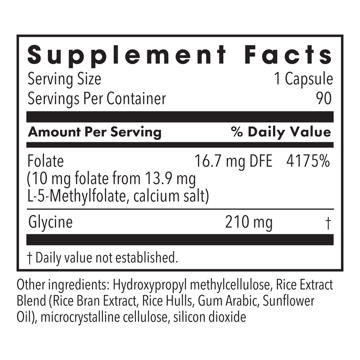 Supplement Facts panel with Folate as L-5-Methylfolate and listed ingredients on a bottle label