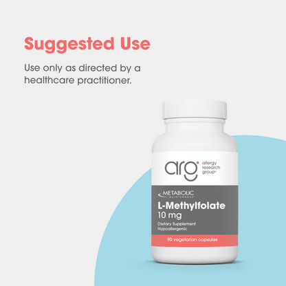Bottle of Metabolic Maintenance L-Methylfolate 10 mg dietary supplement on a light background with a blue curved shape.