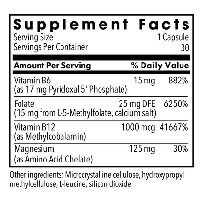 Supplement Facts panel listing vitamins B6 B12 folate and magnesium per serving
