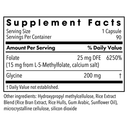 Close up of Supplement Facts panel showing folate amounts and other ingredients on a MethylPro bottle
