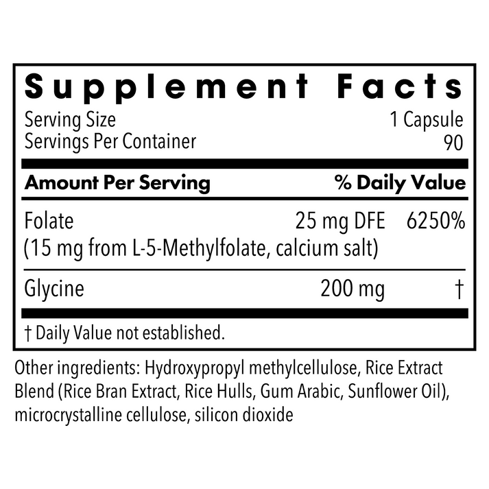 Close up of Supplement Facts panel showing folate amounts and other ingredients on a MethylPro bottle