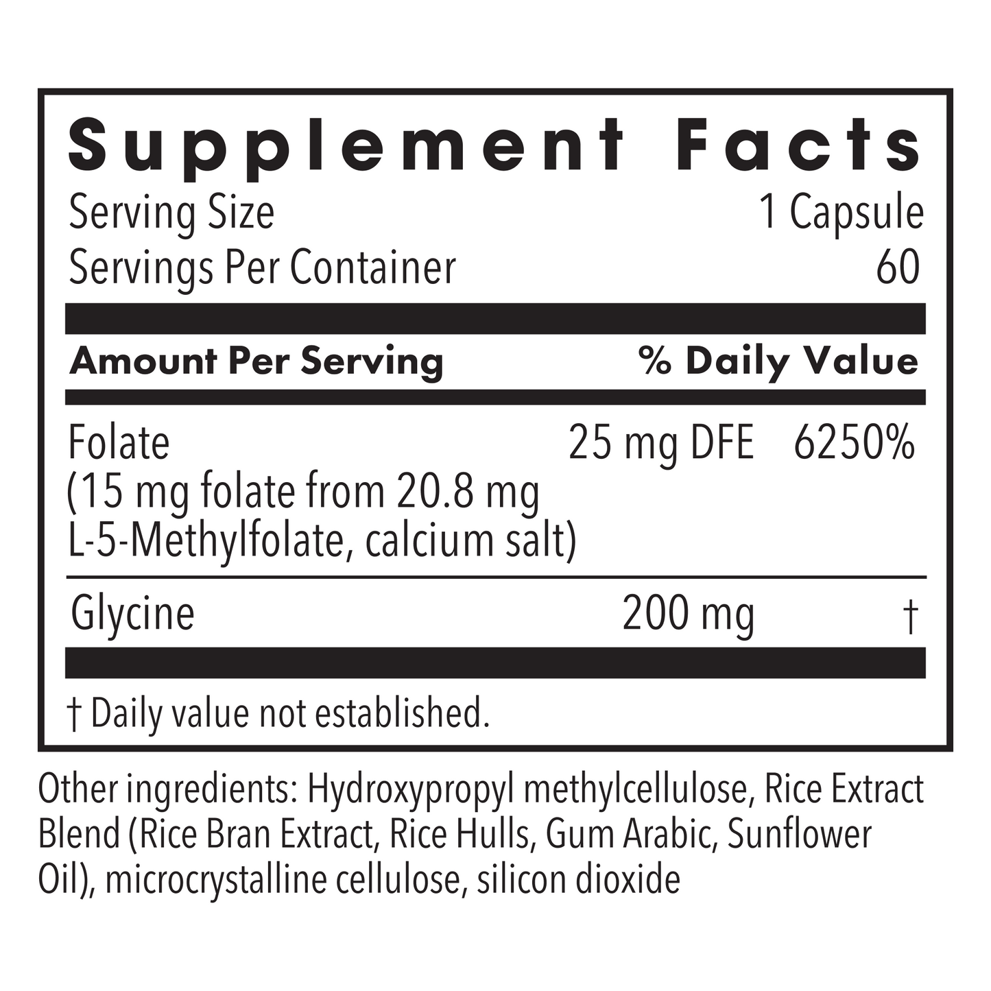 Supplement Facts panel listing folate content and ingredients for L-Methylfolate supplement