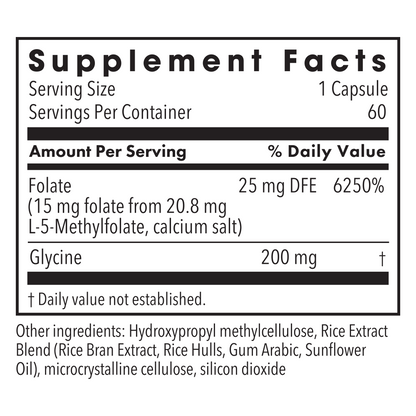 Supplement Facts panel listing folate content and ingredients for L-Methylfolate supplement