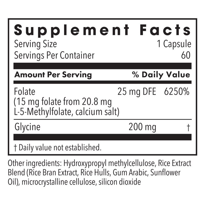 Supplement Facts panel listing folate content and ingredients for L-Methylfolate supplement
