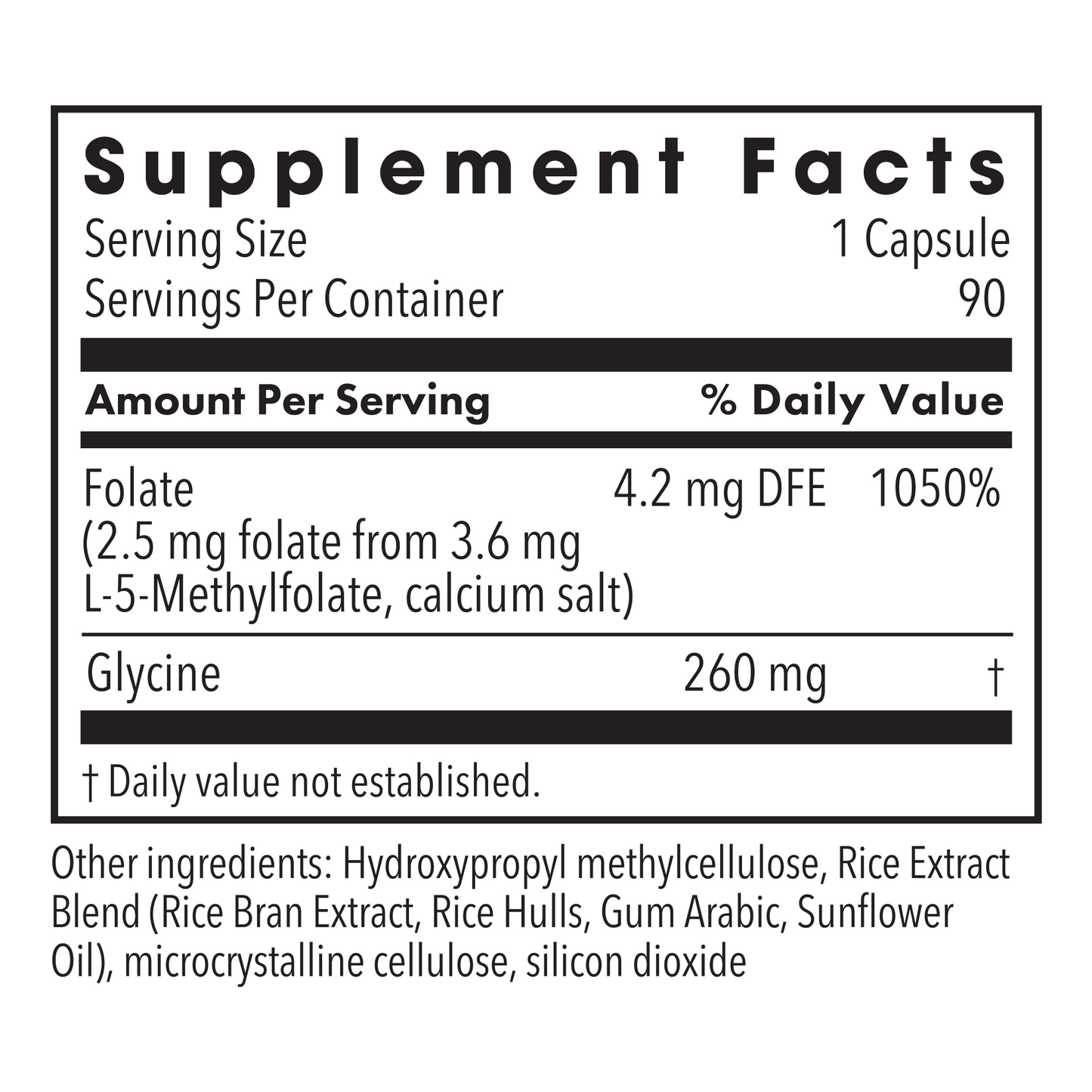 Black and white illustration of the supplement facts panel for L-Methylfolate 2.5 mg with ingredients list.