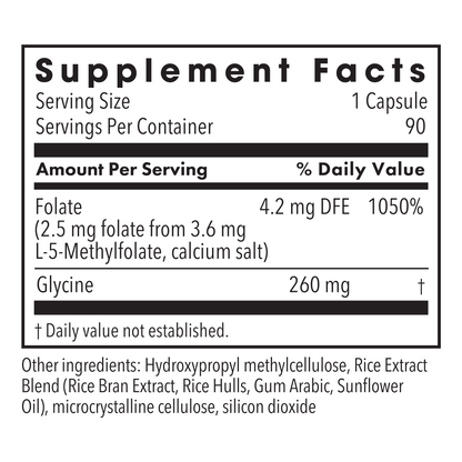 Black and white illustration of the supplement facts panel for L-Methylfolate 2.5 mg with ingredients list.