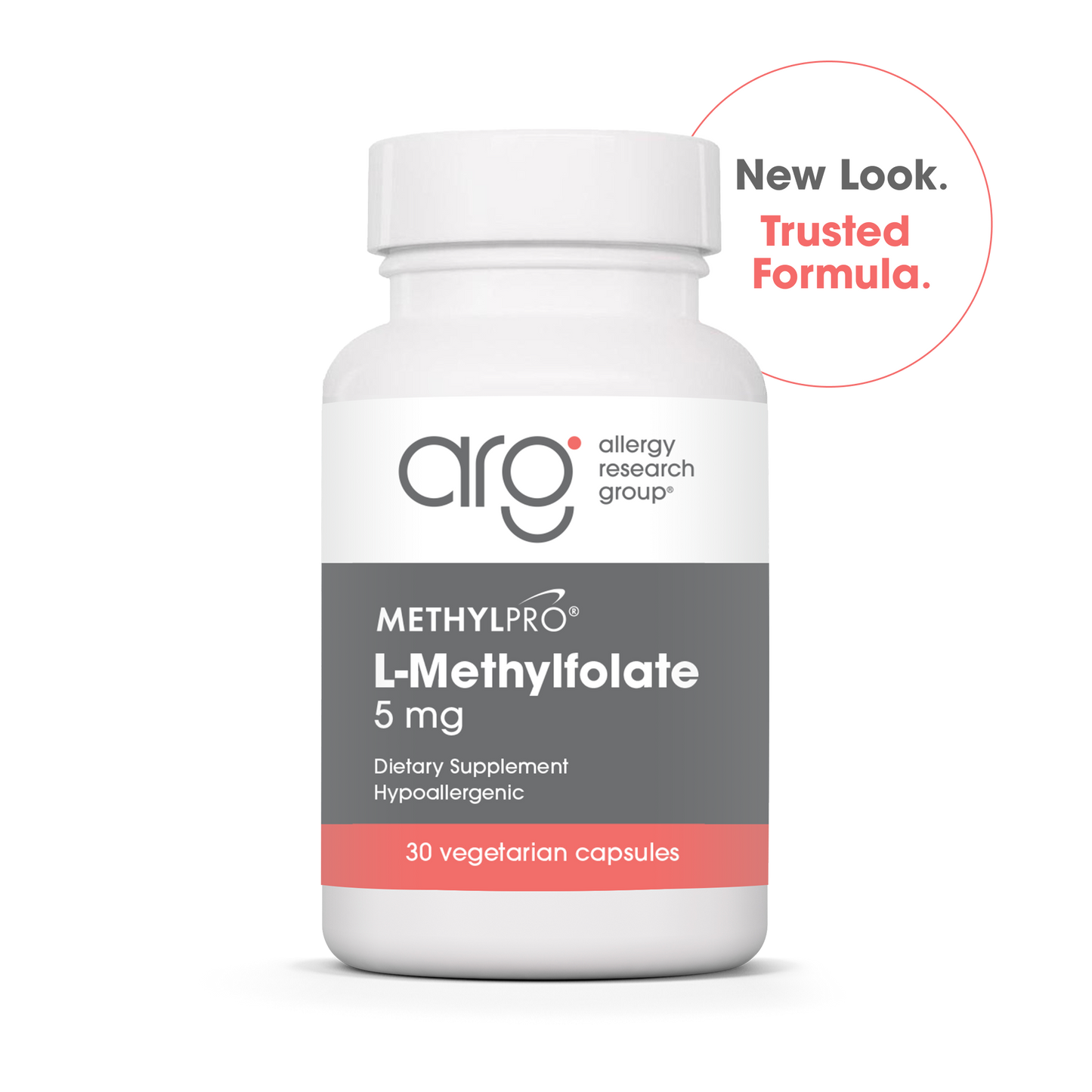 New Look Trusted Formula badge beside a white MethylPro L-Methylfolate 5 mg bottle with gray label and red accent band