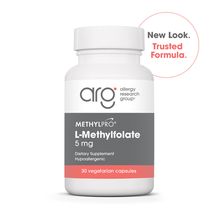 New Look Trusted Formula badge beside a white MethylPro L-Methylfolate 5 mg bottle with gray label and red accent band