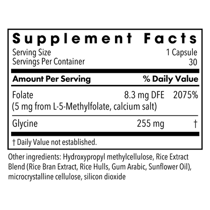 Supplement Facts panel for Metabolic Maintenance L-Methylfolate 5 mg showing serving size and ingredients.