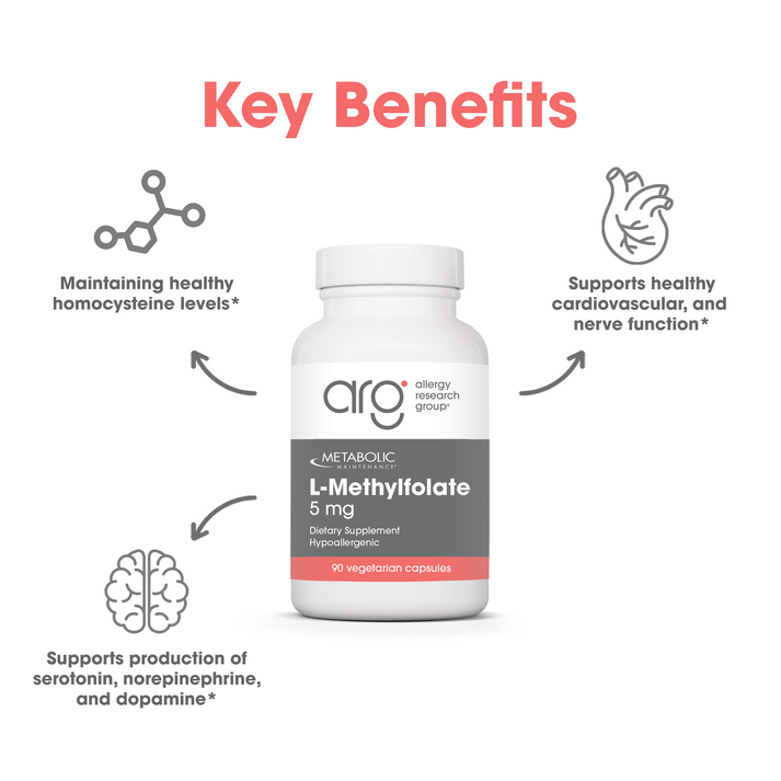 Suggested Use graphic with Take one capsule daily text and the L-Methylfolate bottle on a light background.