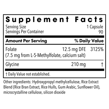 Supplement Facts panel for MethylPro L-Methylfolate showing a 1 capsule serving and 90 servings per container.