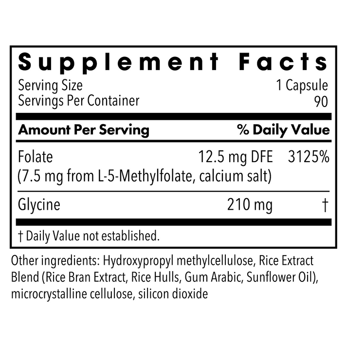 Supplement Facts panel for MethylPro L-Methylfolate showing a 1 capsule serving and 90 servings per container.