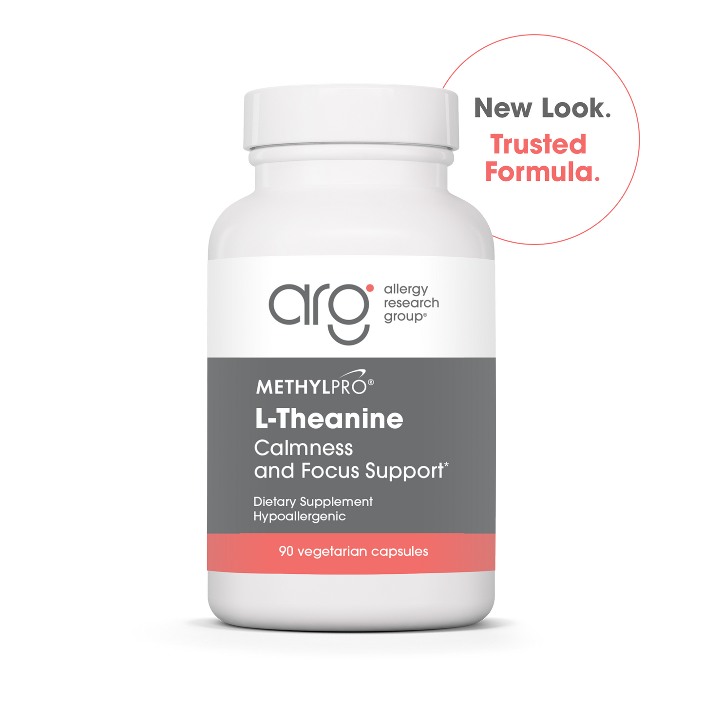 MethylPro L-Theanine 200 mg bottle with New Look Trusted Formula badge.