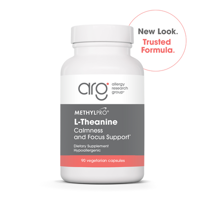 MethylPro L-Theanine 200 mg bottle with New Look Trusted Formula badge.