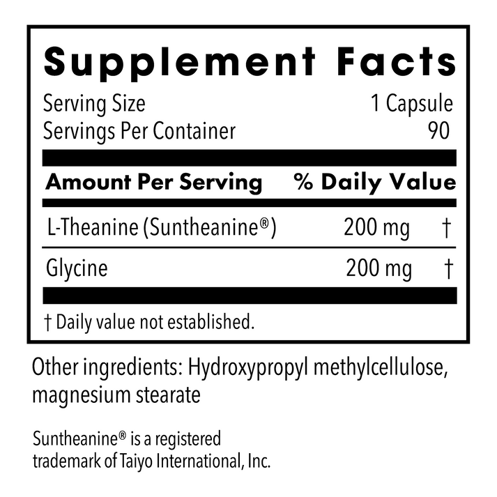 Supplement Facts label for L-Theanine 200 mg capsule showing serving size and other ingredients.